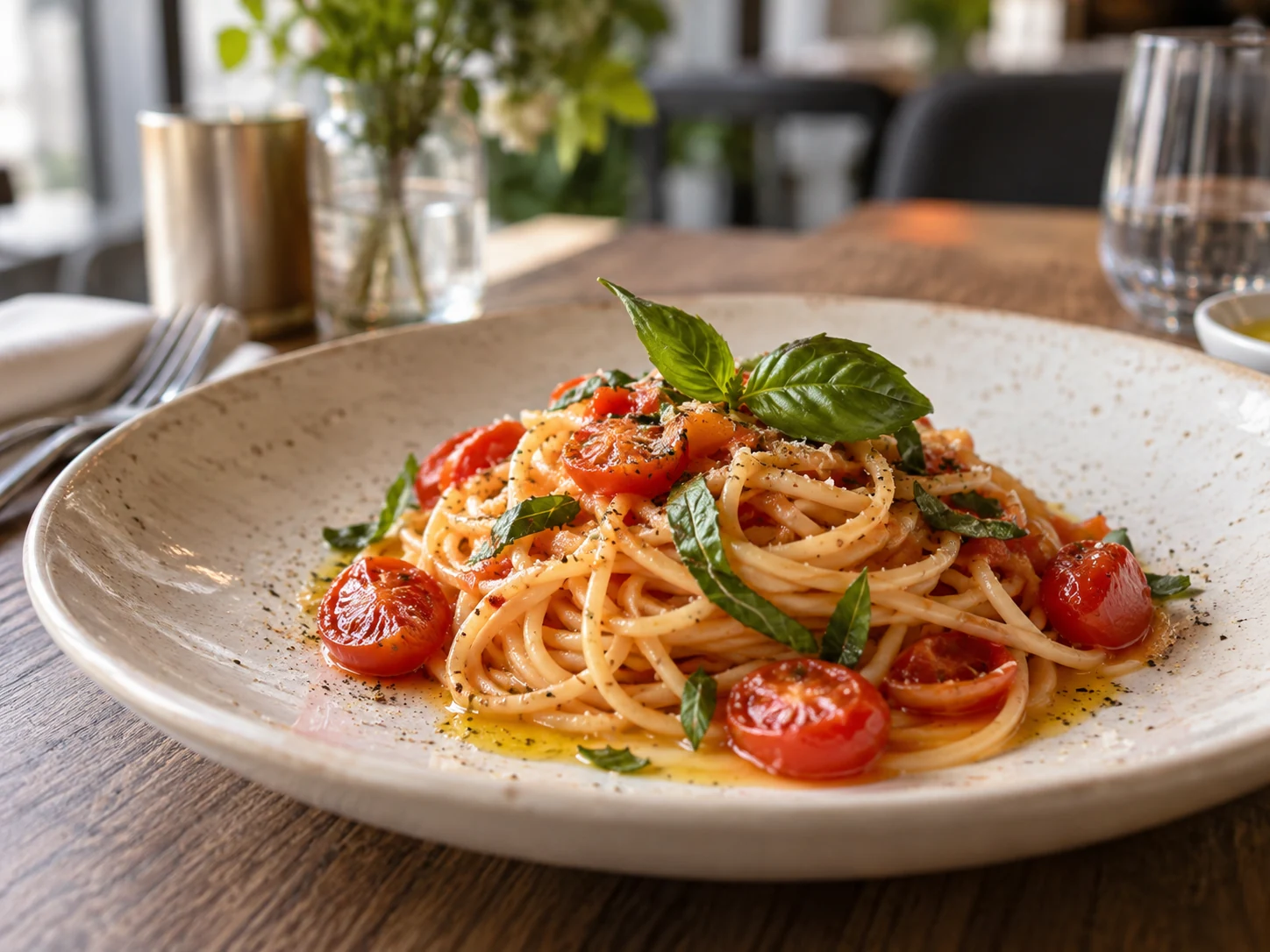 Frische Pasta mit Tomaten und Basilikum auf einem Keramikteller